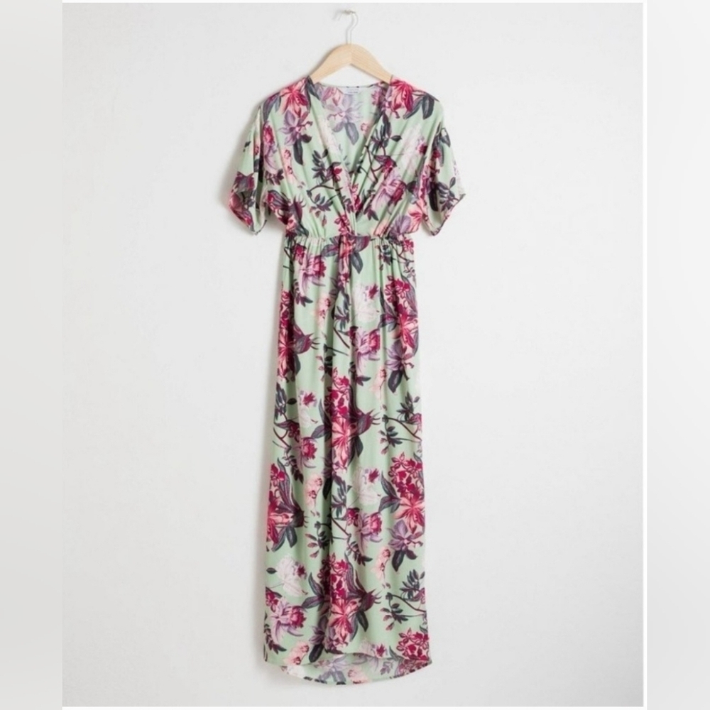 &‎ Other Stories,Twist Knot Kaftan Maxi Dress, Green/Pink Floral, Size 6